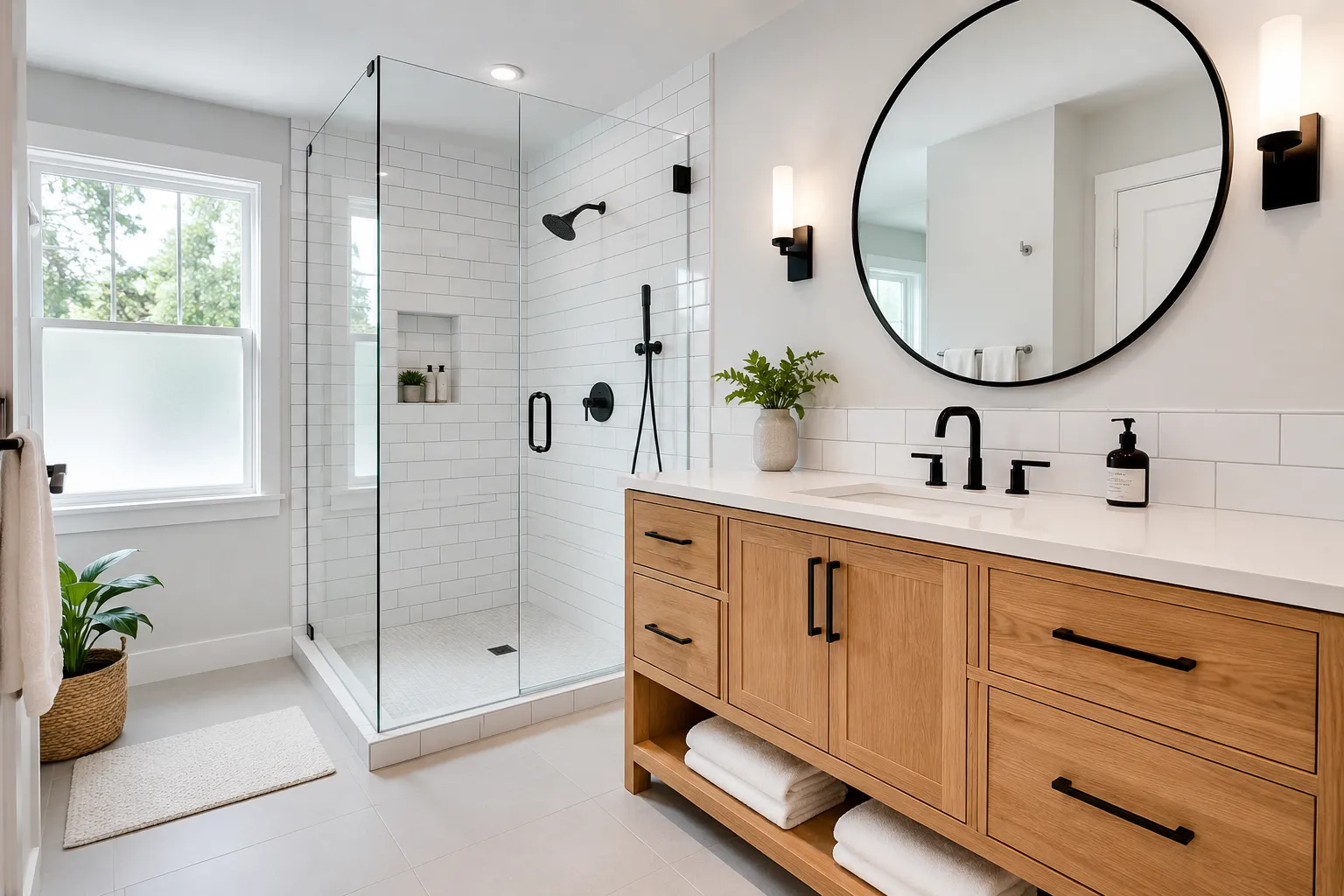 Newly remodeled bathroom by a Boston bathroom remodeling contractor with tile shower and vanity
