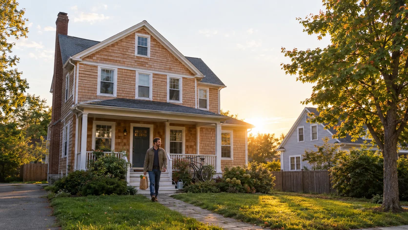 A completed second-story home addition on a small lot in a Greater Boston suburb at dusk