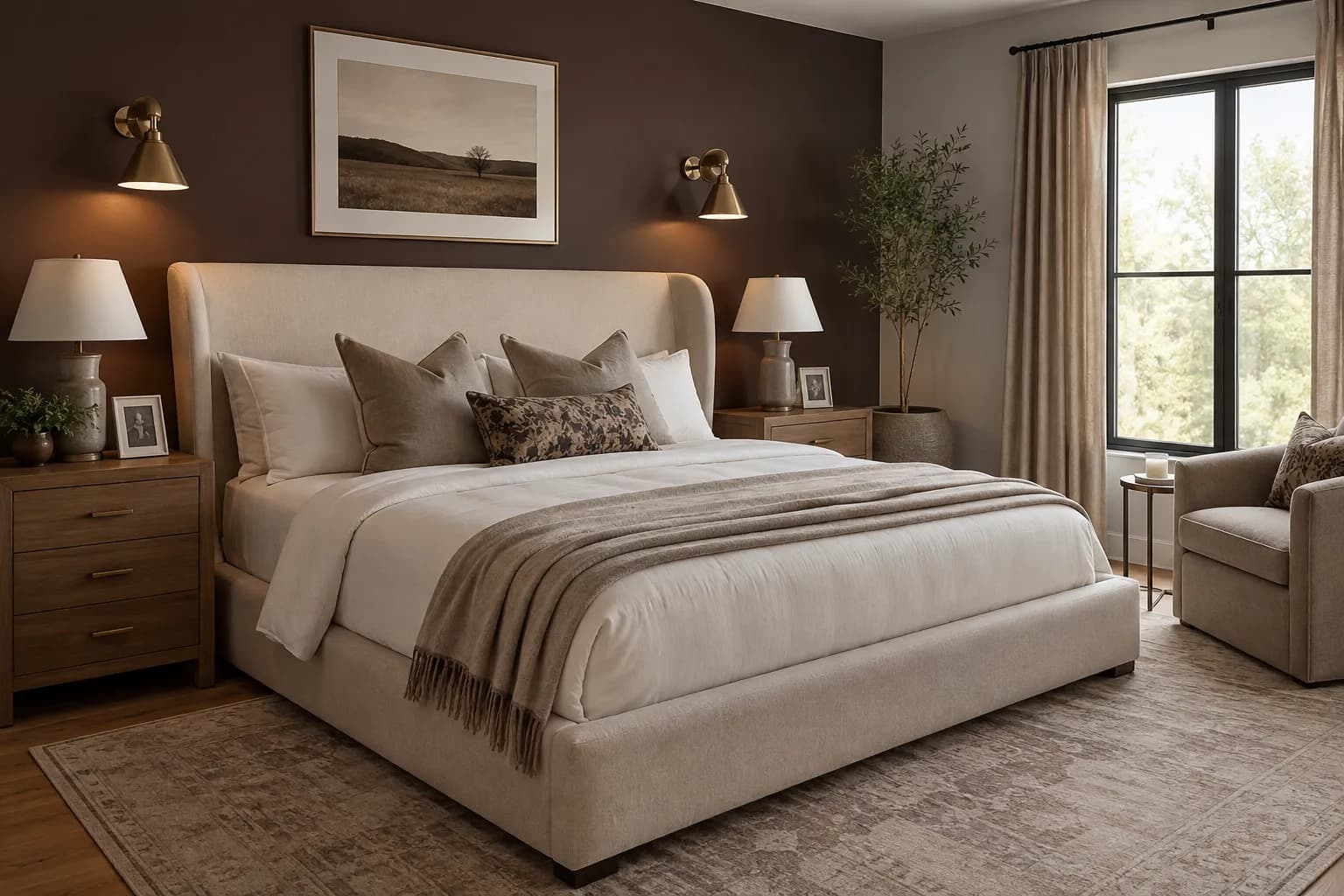 Modern master bedroom remodel in a Massachusetts home with warm tones