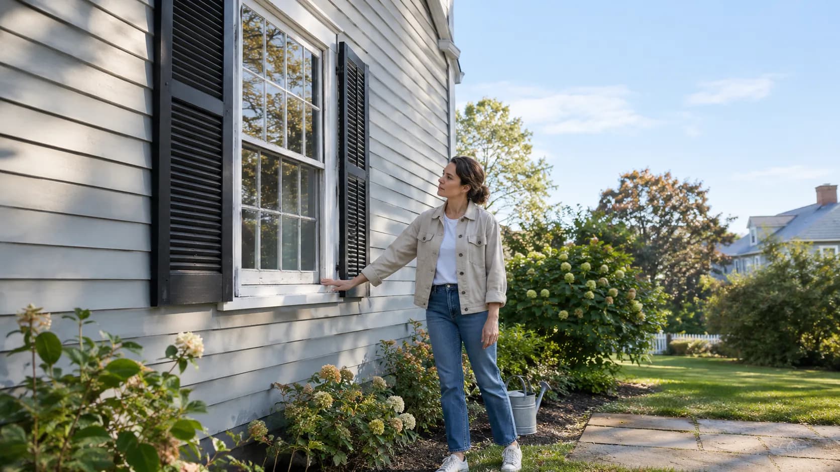 Homeowner examining an old window frame on a Massachusetts colonial home exterior