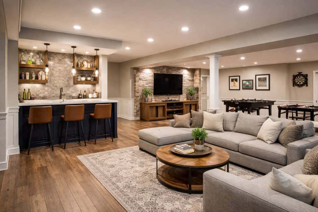 Finished basement family room with wet bar