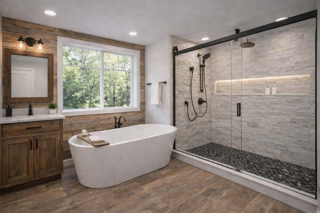 Bathroom with freestanding tub and tiled walk-in shower