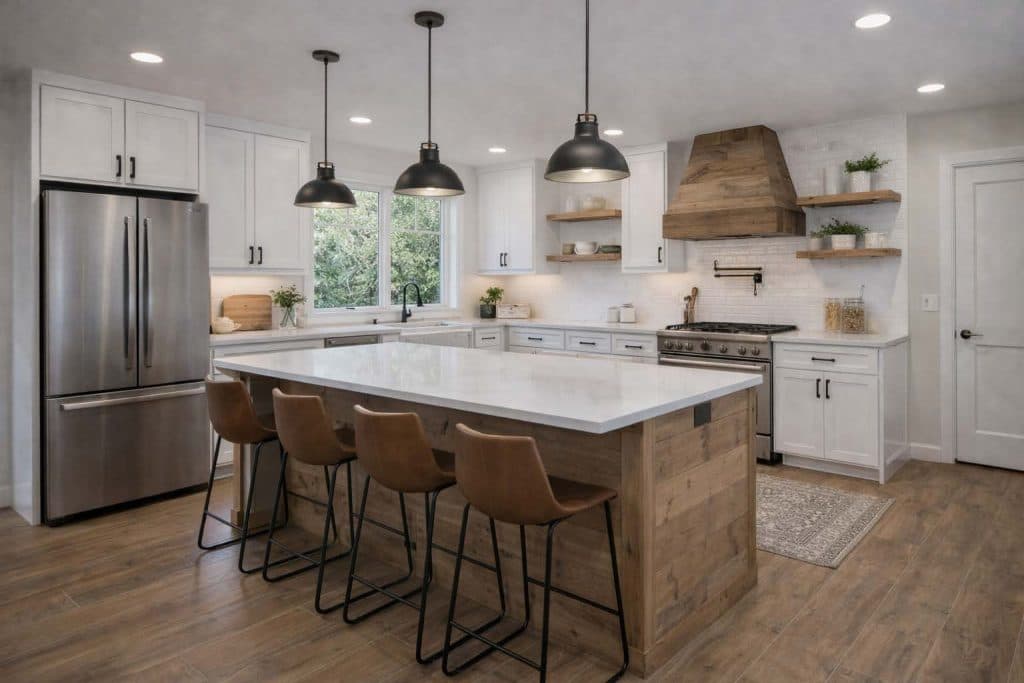 White kitchen with a large island and pendant lights