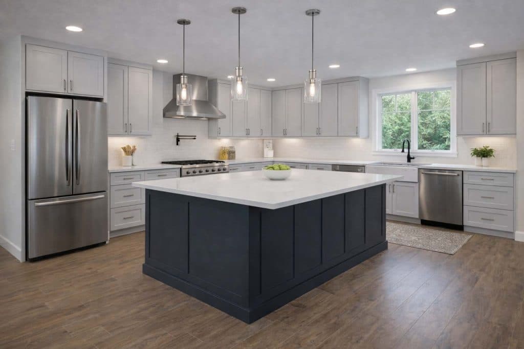White kitchen with navy blue island and stainless range hood