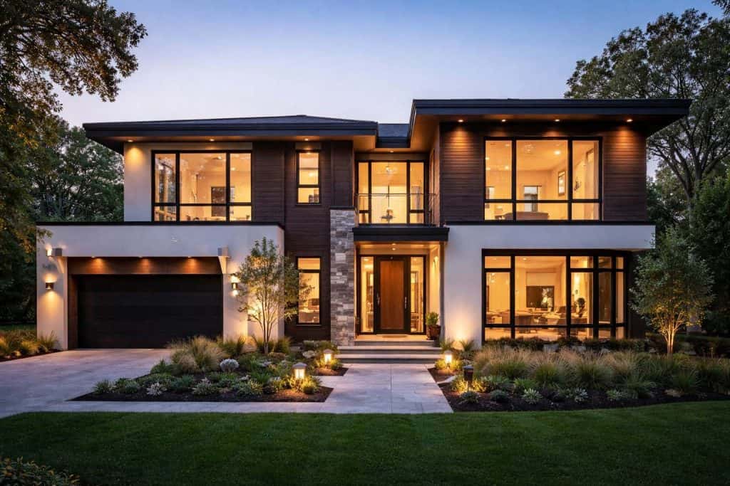 Modern two-story home with large windows and landscape lighting at dusk