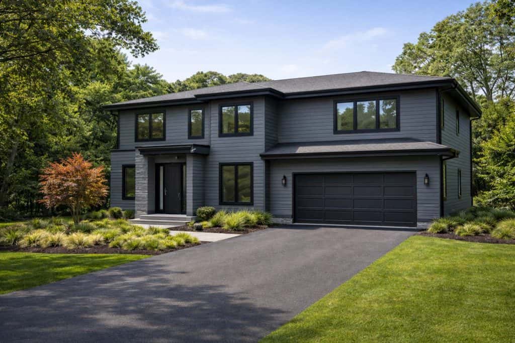 Modern gray two-story home with a two-car garage built by HouseCraft