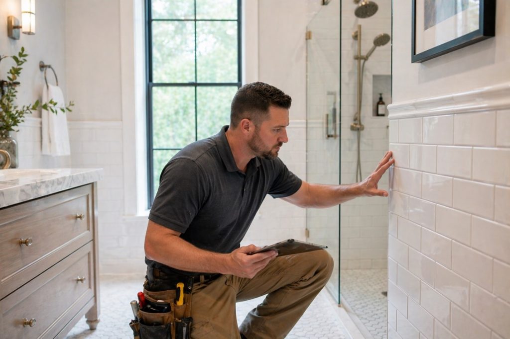 Residential contractor inspecting quality bathroom remodeling work in Boston