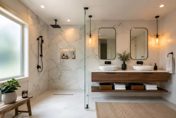 Luxury bathroom remodeling project by HouseCraft LLC in Greater Boston, MA featuring custom tile shower and dual vanity