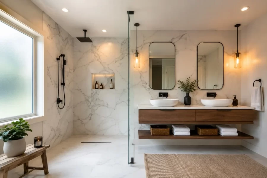Luxury bathroom remodeling project by HouseCraft LLC in Greater Boston, MA featuring custom tile shower and dual vanity