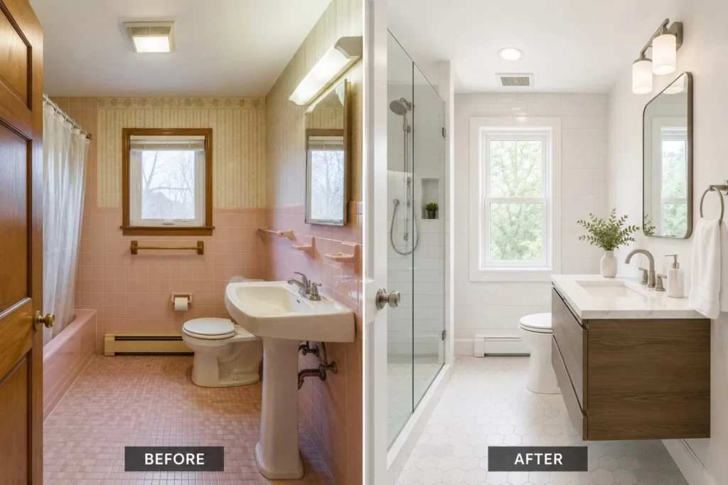 Before and after bathroom remodel comparison showing cosmetic refresh versus full gut renovation in Boston MA home