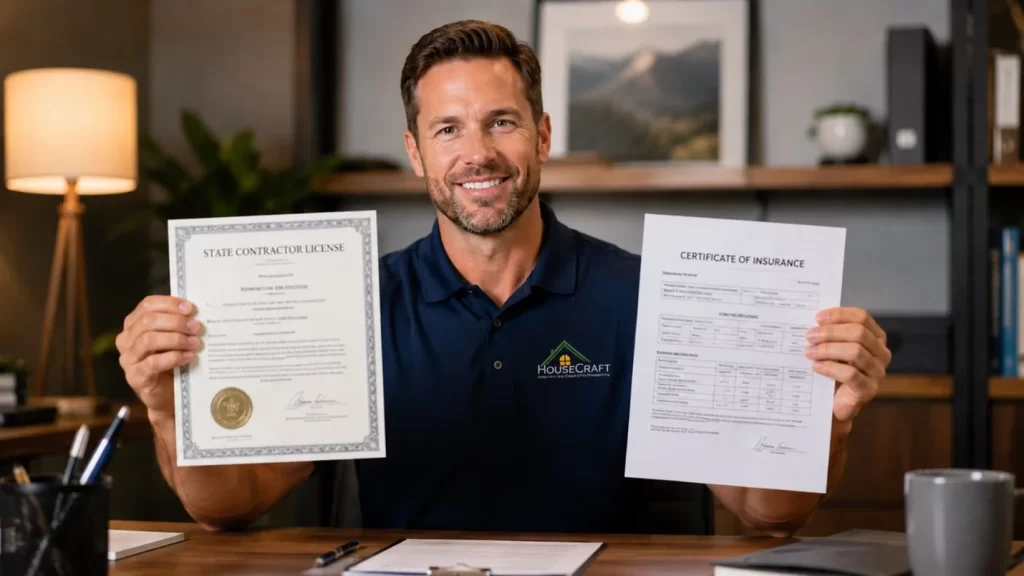 Residential contractor showing license and insurance documents before starting home remodel project.