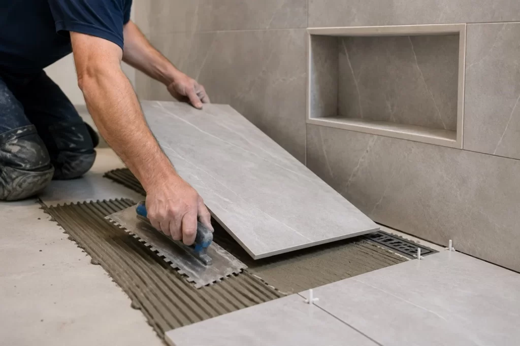 Professional bathroom tile installation by HouseCraft LLC contractor in Waltham MA showing custom shower tilework