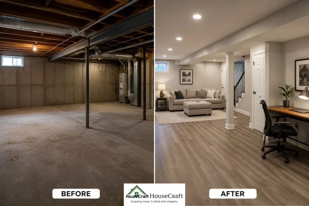 Before and after basement finishing transformation showing unfinished to modern living space