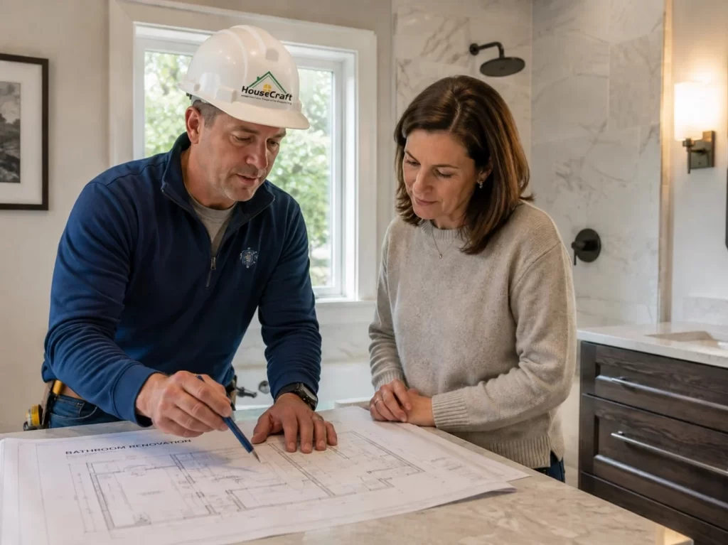 Homeowner meeting with HouseCraft general contractor to plan bathroom remodel in Greater Boston MA