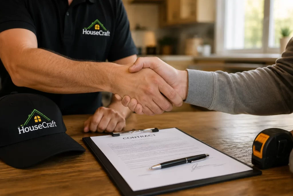 Homeowner and bathroom remodeling contractor shaking hands after signing a project contract
