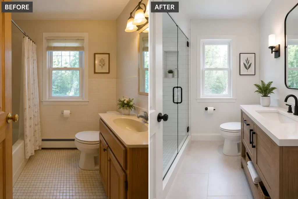 Before and after photos of a bathroom remodel completed by a Boston contractor