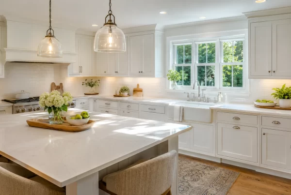 Newly remodeled kitchen in a Waltham, MA home with white cabinets and quartz counters