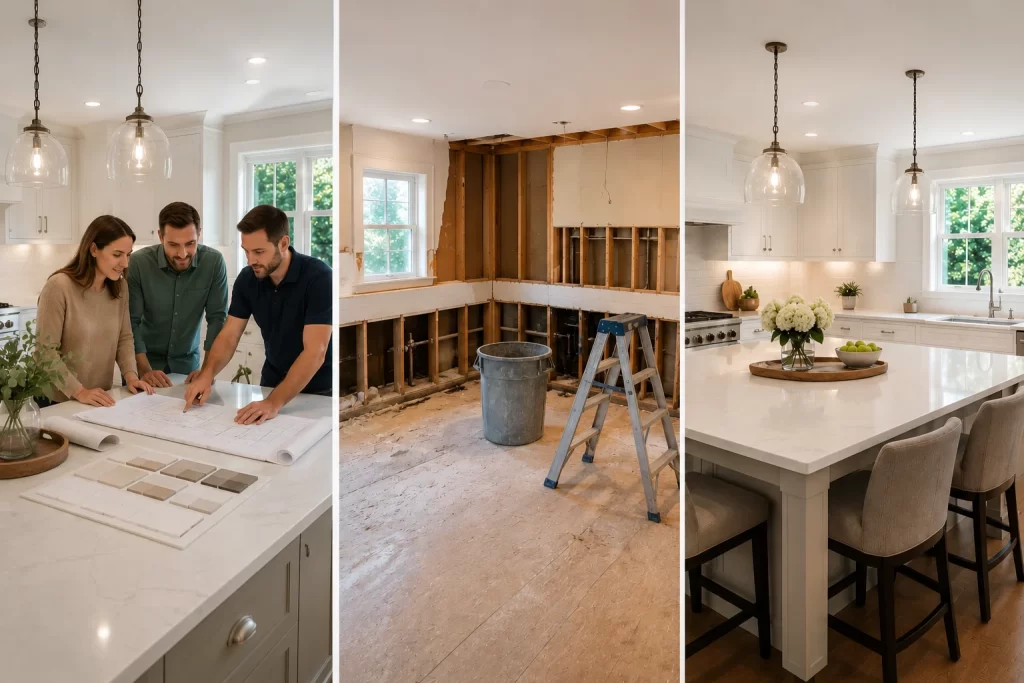 Three phases of a kitchen remodel timeline from planning to finishing
