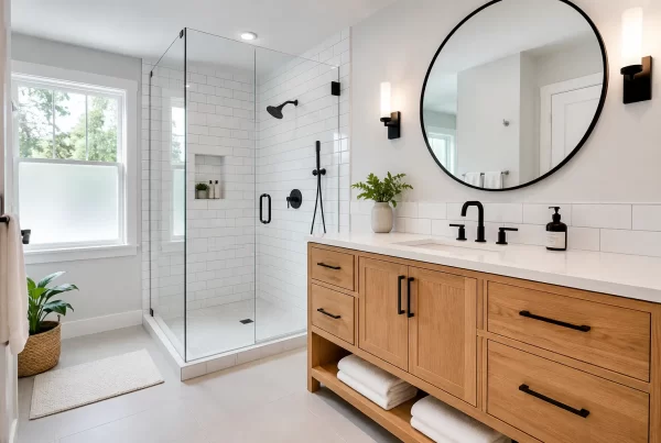 Newly remodeled bathroom by a Boston bathroom remodeling contractor with tile shower and vanity