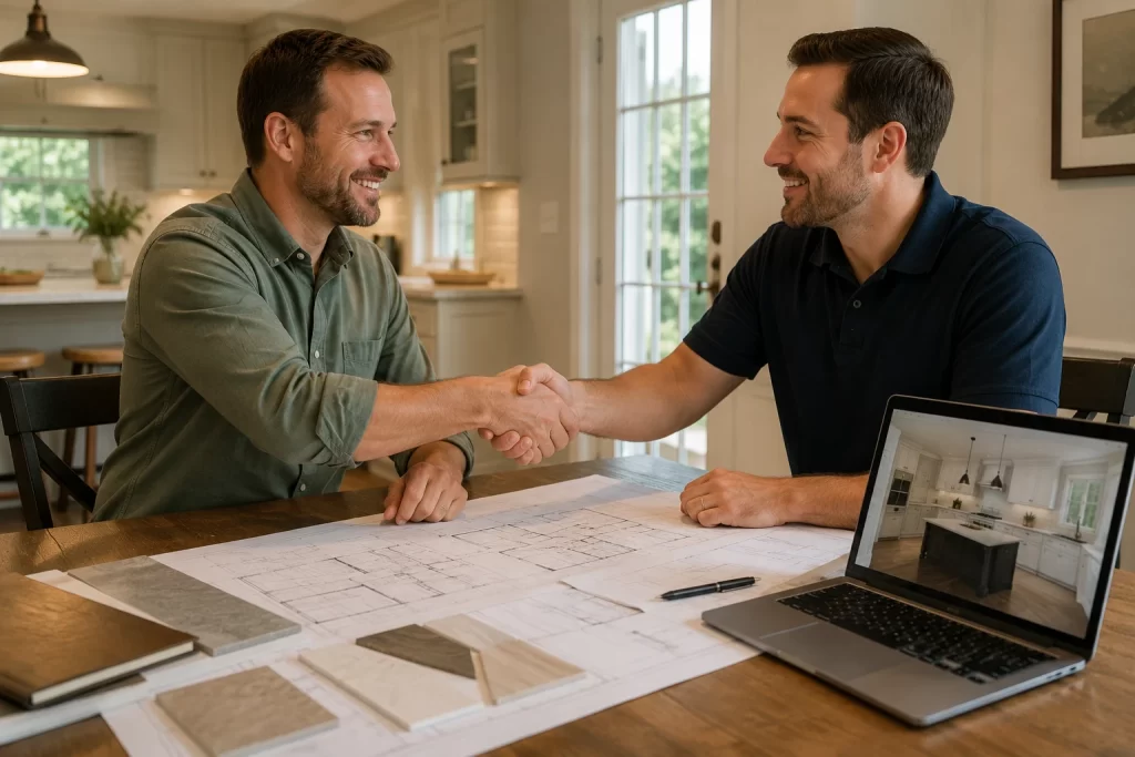 Homeowner and contractor reviewing kitchen remodel plans in Waltham MA
