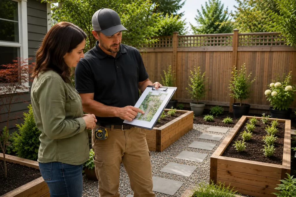Licensed general contractor reviewing a backyard garden remodel plan