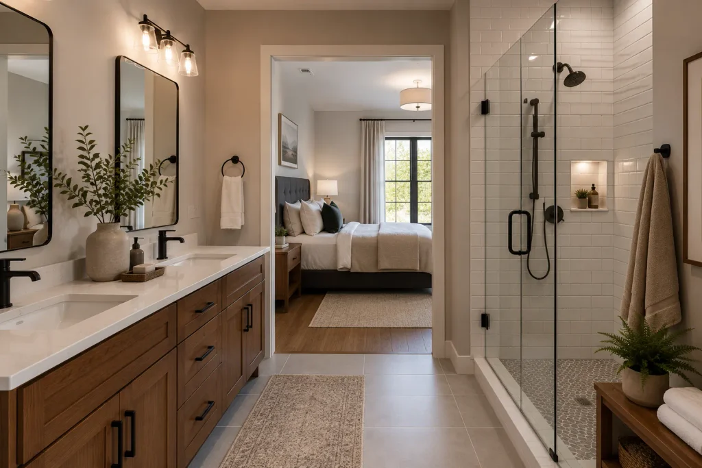Ensuite bathroom remodel connected to modern master bedroom