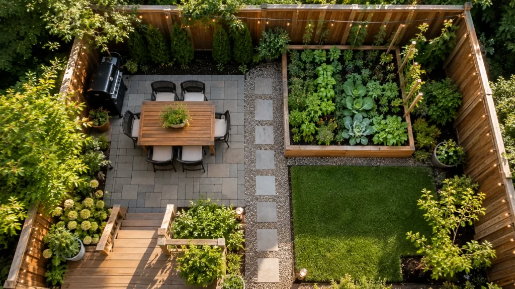 Small yard patio and seating area surrounded by garden beds