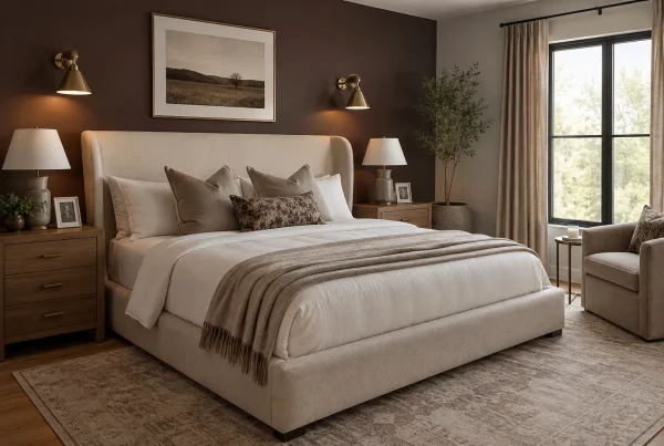 Modern master bedroom remodel in a Massachusetts home with warm tones