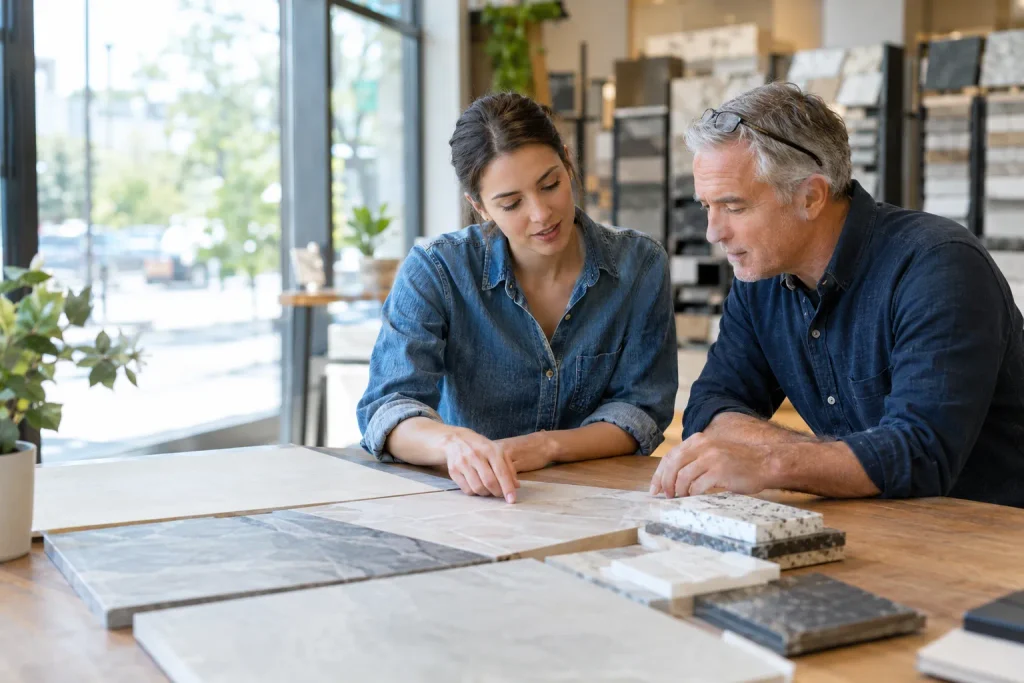 Massachusetts bathroom remodel material samples reviewed at a design studio