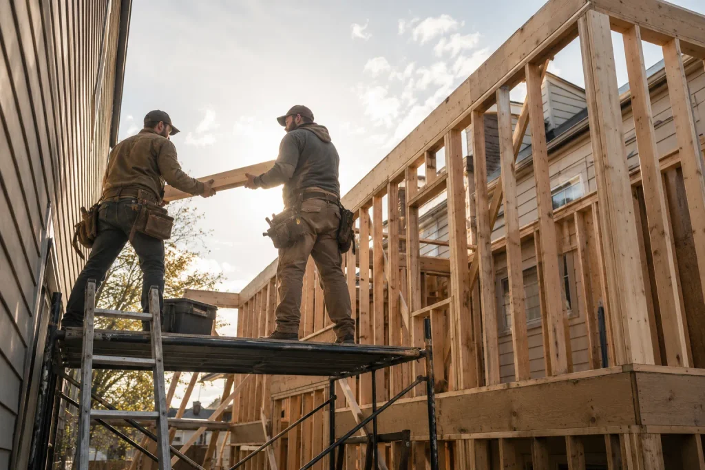 Carpenters framing a second story addition on a narrow lot house in the Boston area