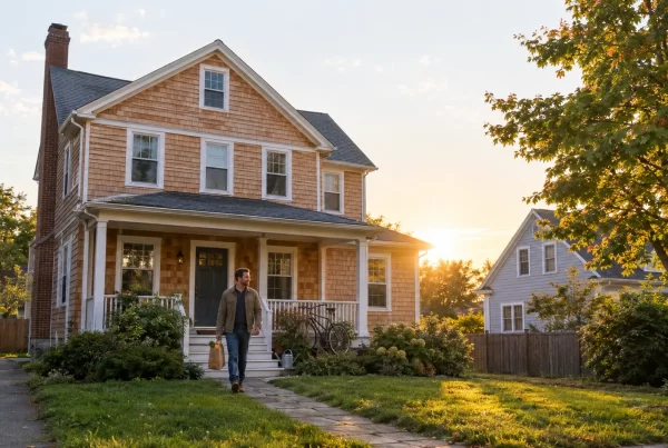 A completed second-story home addition on a small lot in a Greater Boston suburb at dusk