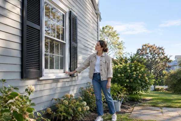 Homeowner examining an old window frame on a Massachusetts colonial home exterior