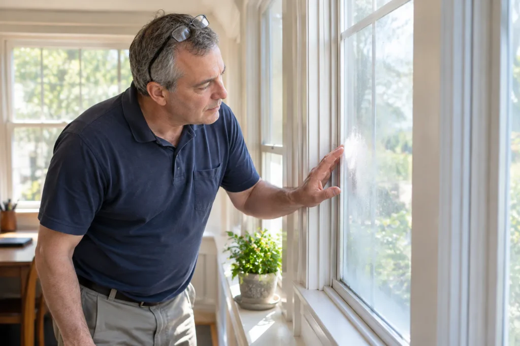 Contractor inspecting a foggy double pane window for seal failure inside a home