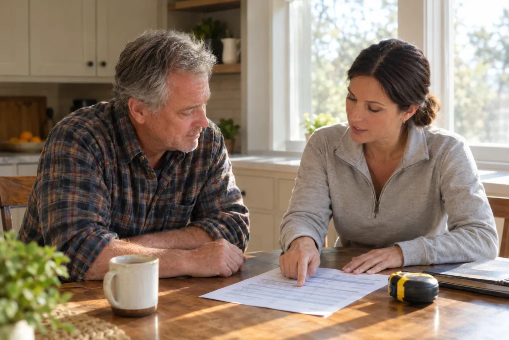 Homeowner and contractor reviewing a window replacement estimate at a kitchen table
