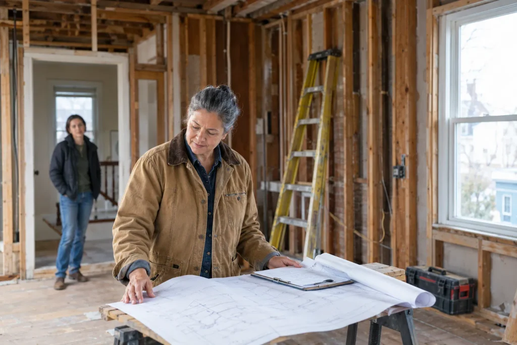 Bathroom permits Massachusetts contractor reviewing plans on a renovation site