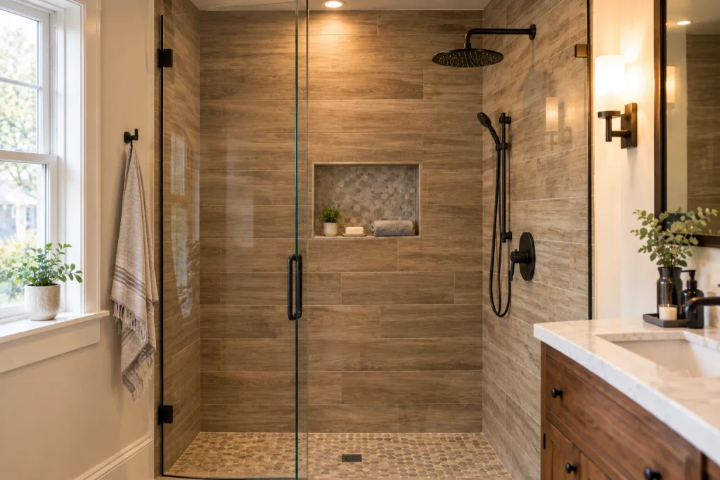 Spa bathroom design with a walk-in shower in a renovated Waltham Victorian