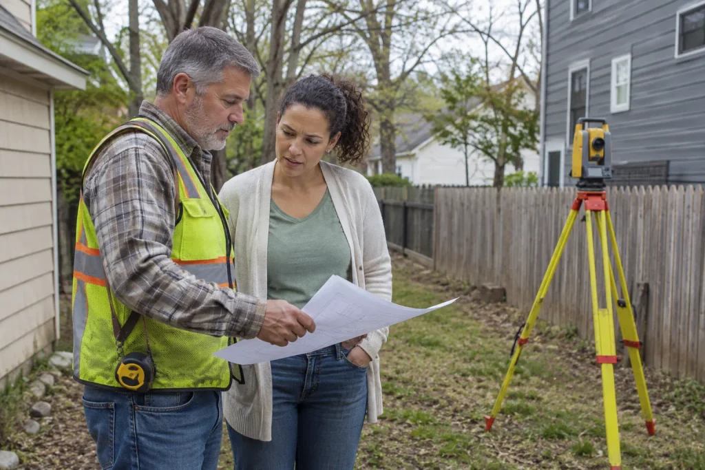 Surveyor and homeowner reviewing home addition zoning setbacks in a narrow side yard