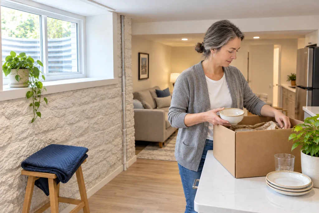 Basement accessory dwelling unit conversion inside a small lot home addition near Boston