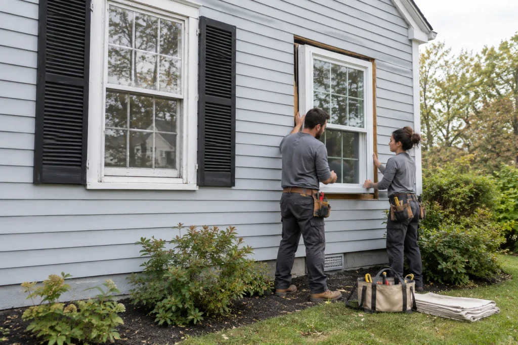 Two installers replacing multiple windows on a house exterior during a full renovation