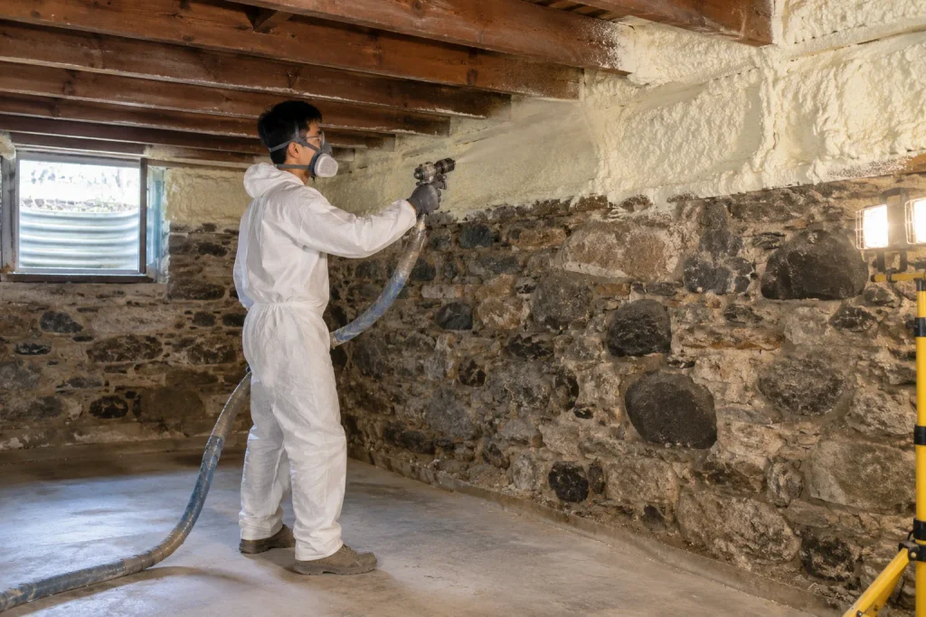 Worker applying spray foam insulation to an old fieldstone foundation wall and rim joist in a Massachusetts home