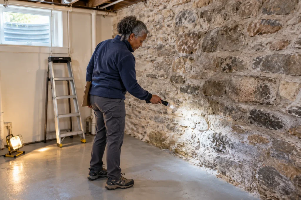 Worker applying spray foam insulation to an old fieldstone foundation wall and rim joist in a Massachusetts home